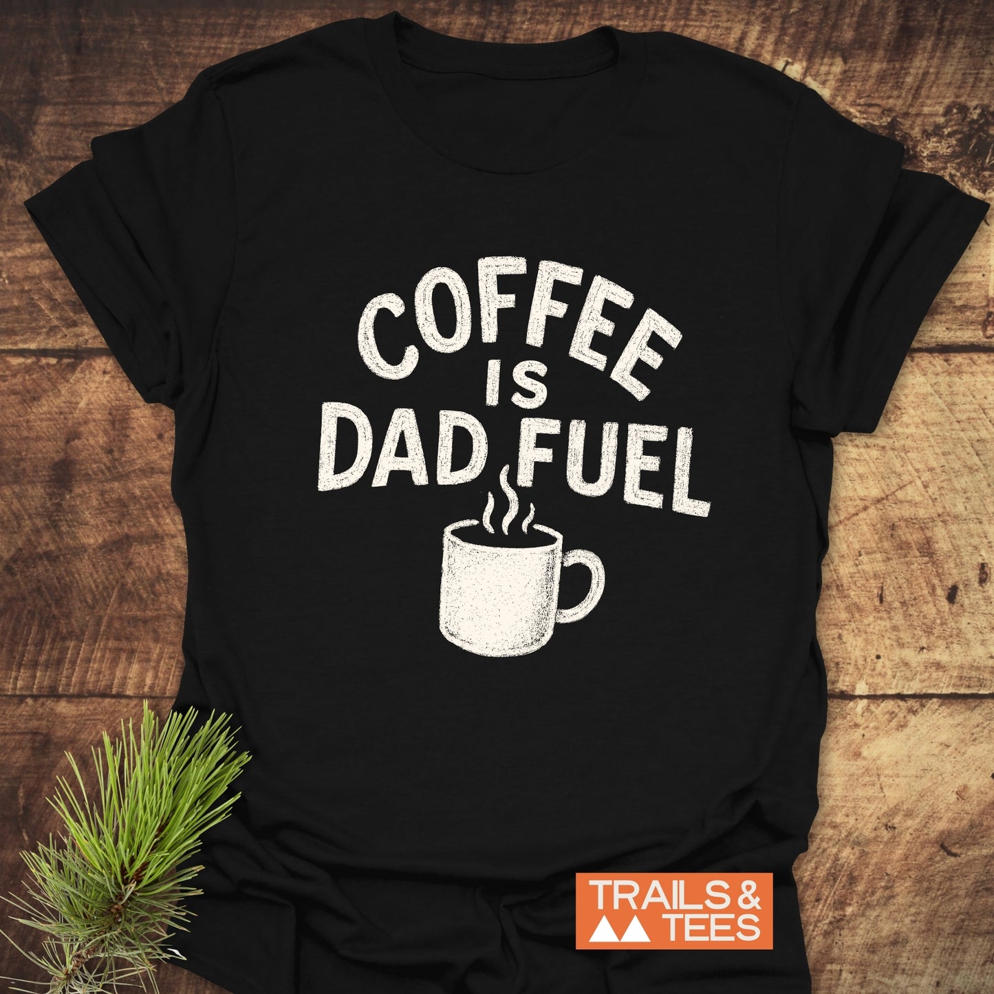 Coffee Is Dad Fuel T-Shirt, showcasing white text on a black tee, crafted from soft ring-spun cotton, ideal for everyday adventures and outdoor enthusiasts.