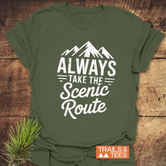 Close-up of the Always Take The Scenic Route T-shirt, showcasing the text design on the active shirt.