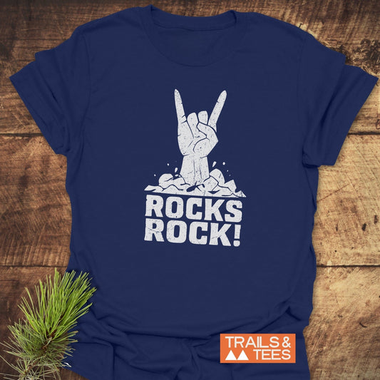 Rocks Rock! T-Shirt featuring a hand gesture graphic, crafted from soft ring-spun cotton for comfort, ideal for outdoor adventures, with durable prints that maintain shape.