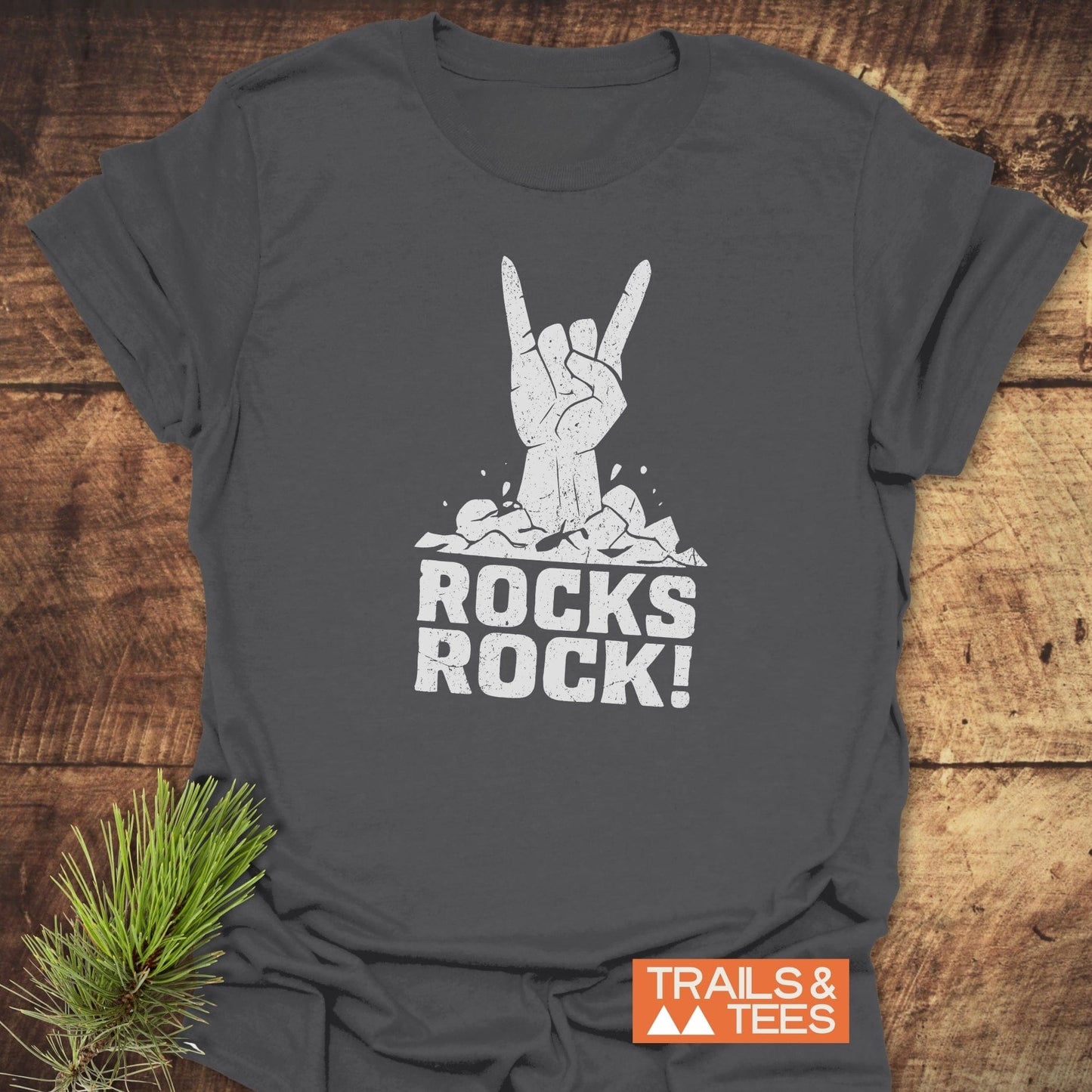 Rocks Rock! T-Shirt featuring a hand gesture design, crafted from soft ring-spun cotton, ideal for outdoor adventures with durable prints and a reliable fit.