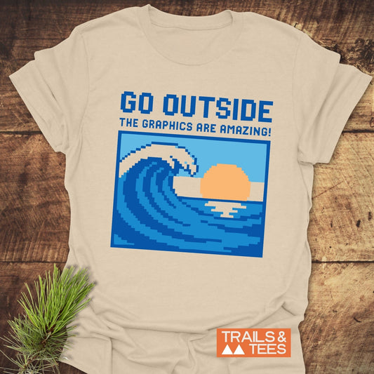 Go Outside Pixelart Wave T-Shirt featuring a durable graphic design on soft, lightweight ring-spun cotton, ideal for everyday outdoor adventures.