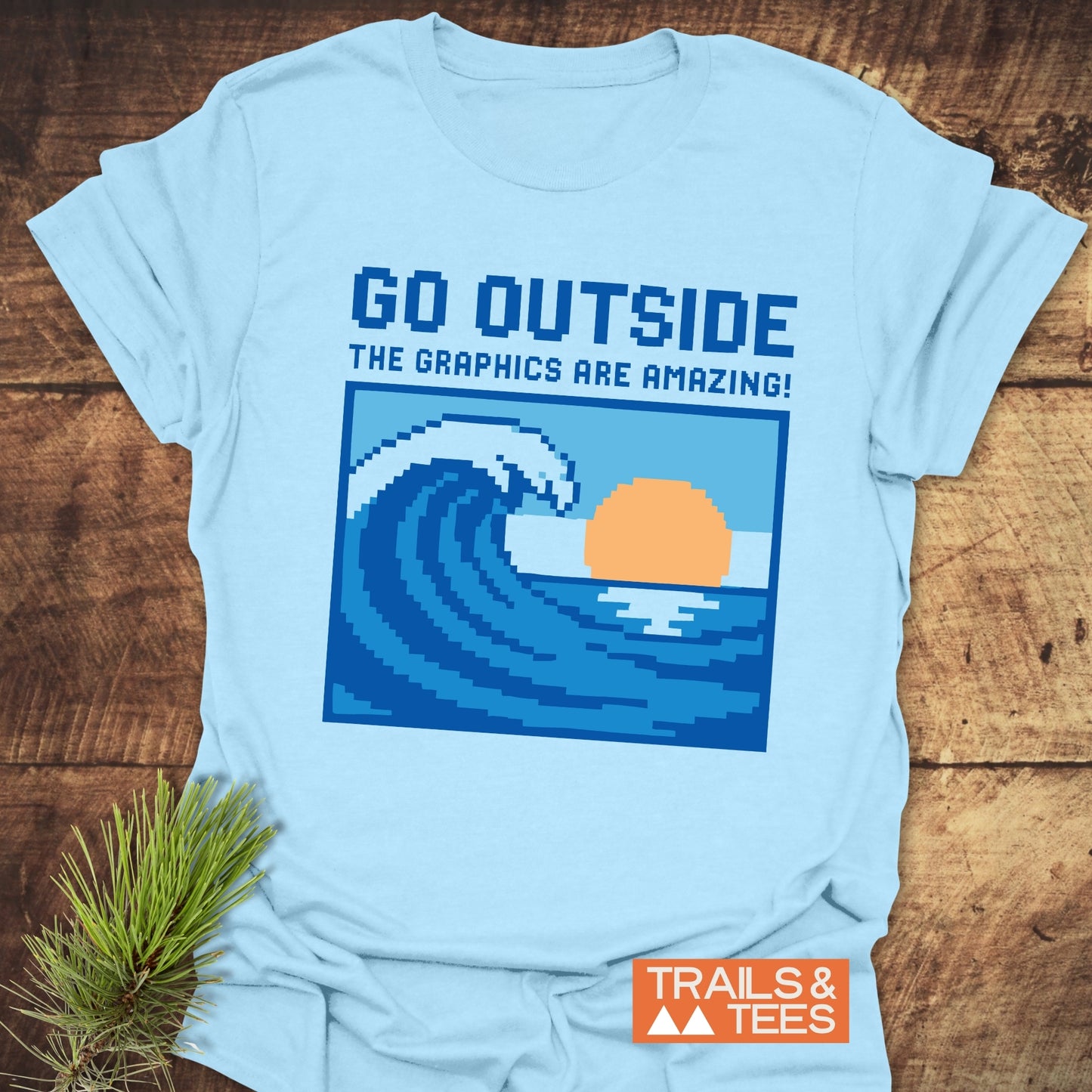 Go Outside Pixelart Wave T-Shirt with graphic design, showcasing durable DTF prints and taped shoulders, crafted for outdoor adventures in soft, ring-spun cotton.