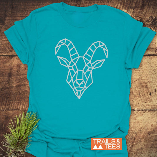 Geometric Mountain Goat T-Shirt featuring a goat drawing on soft, lightweight cotton. Designed for outdoor enthusiasts, it offers comfort and durability with pre-shrunk, fade-resistant fabric.