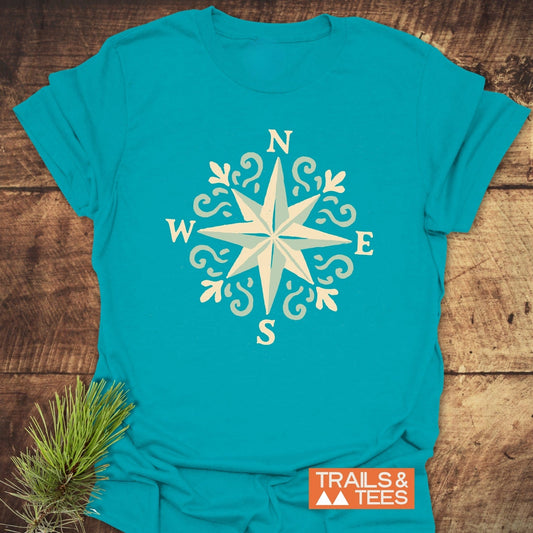 Compass Rose T-Shirt featuring a compass design, crafted from soft, lightweight ring-spun cotton, ideal for outdoor adventures with durable, fade-resistant prints.