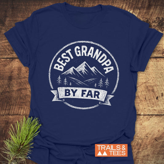 Navy-blue Best Grandpa By Far T-shirt featuring a mountain graphic, crafted from soft, lightweight cotton for comfort and durability, with Trails & Tees logo.
