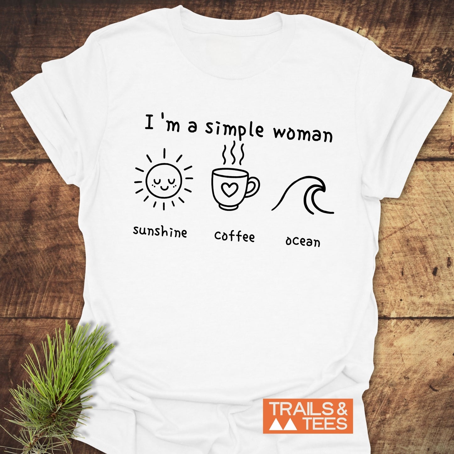 I'm A Simple Woman - Sunshine Coffee Ocean T-Shirt, featuring minimalist icons on soft, ring-spun cotton, ideal for outdoor adventures.