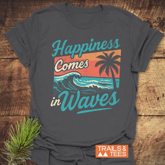 Charcoal-gray Happiness Comes In Waves Retro T-Shirt featuring a sunset-toned wave graphic, crafted from soft cotton for comfort and durability.