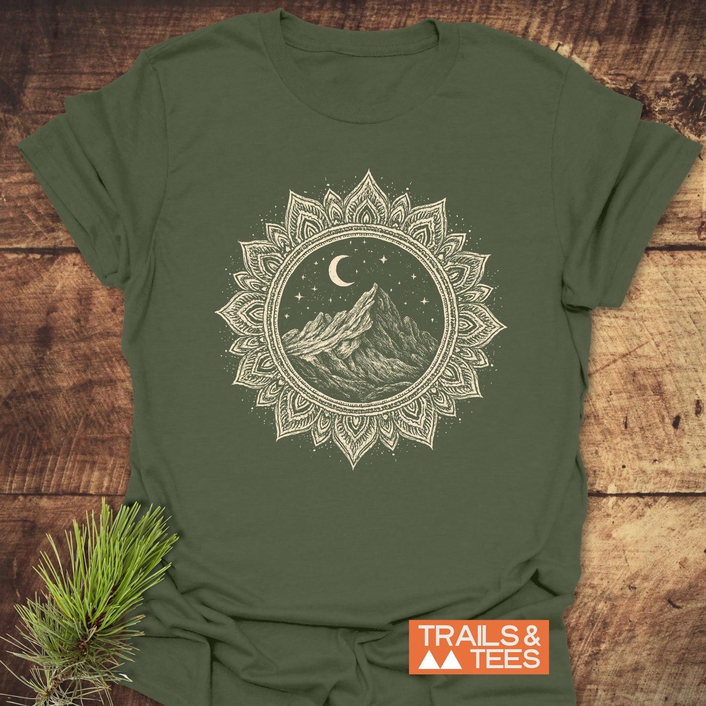 Mountain Mandala T-Shirt featuring a mountain and moon design, crafted from soft ring-spun cotton, designed for comfort and outdoor adventure.