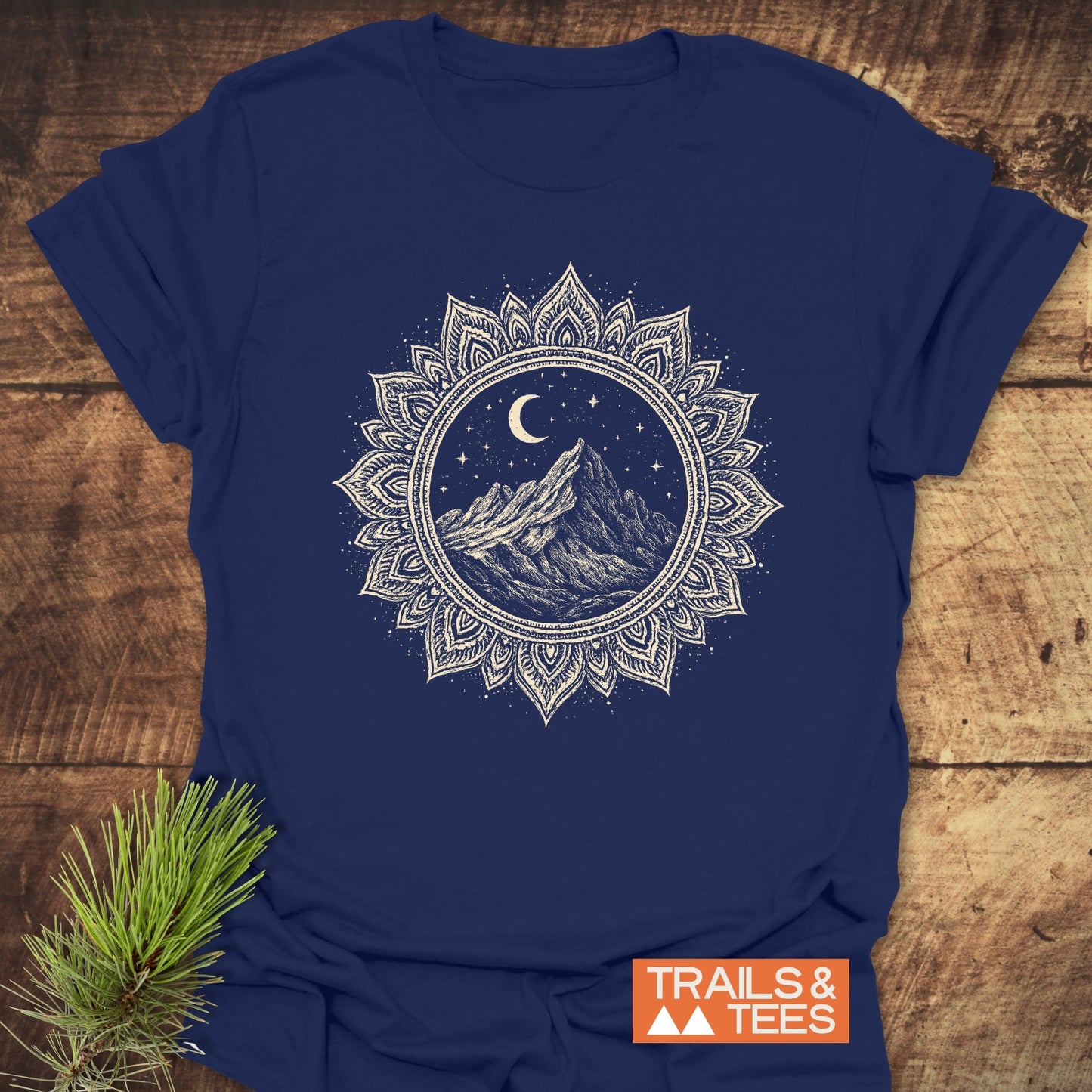 Mountain Mandala T-Shirt featuring a moon and stars design. Made from soft, lightweight cotton, ideal for outdoor adventures. Durable and pre-shrunk for a reliable fit.