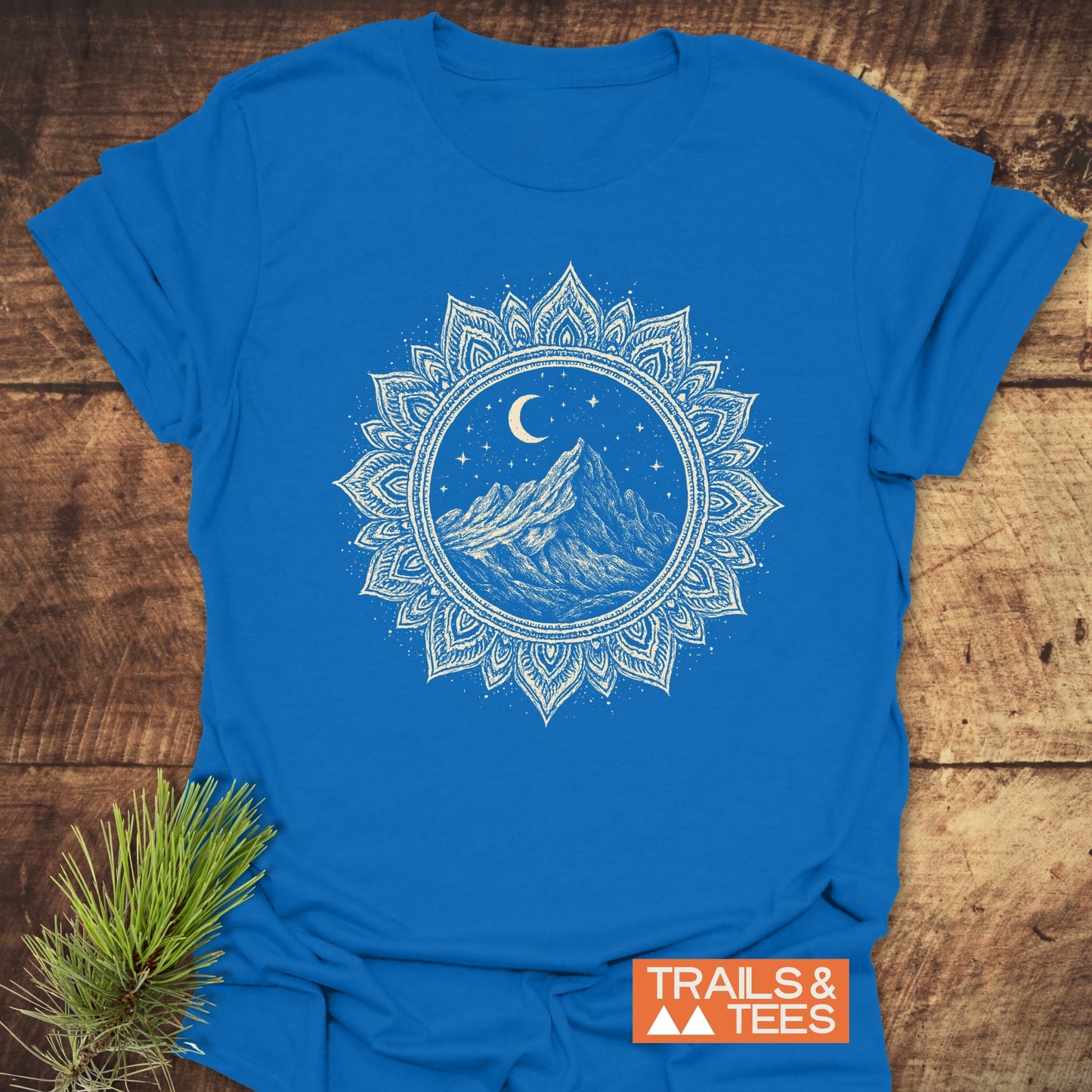 Mountain Mandala T-Shirt featuring a mountain and moon design, crafted from soft, lightweight cotton for comfort and durability, perfect for outdoor enthusiasts.