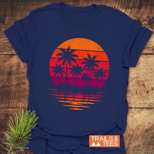 Retro Palm Trees T-Shirt featuring a palm tree silhouette and sun design, crafted from soft, lightweight cotton, perfect for outdoor adventures and everyday wear.
