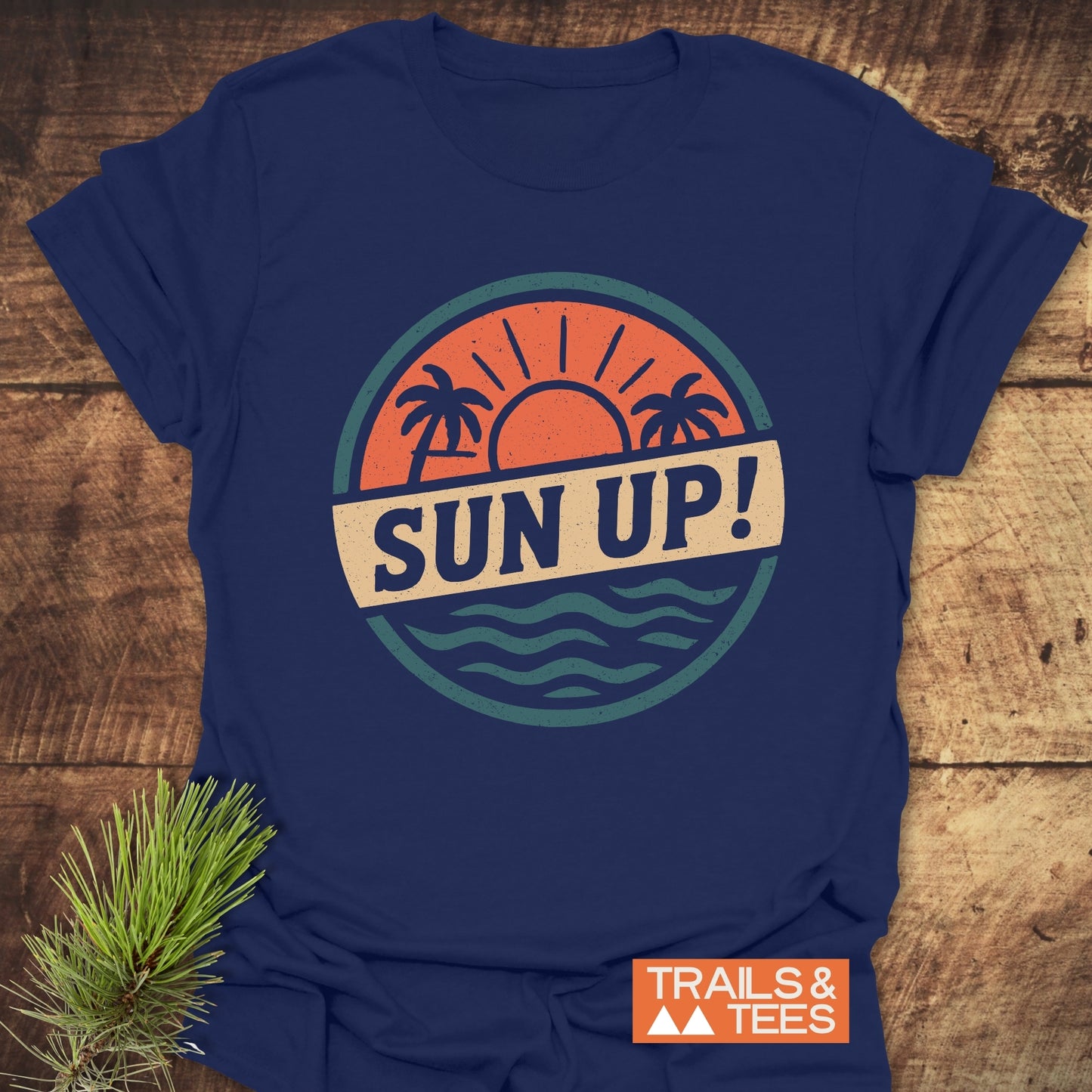 Sun Up! Vintage T-Shirt featuring a sun and palm trees design, crafted from soft ring-spun cotton, ideal for outdoor enthusiasts seeking comfort and durability.