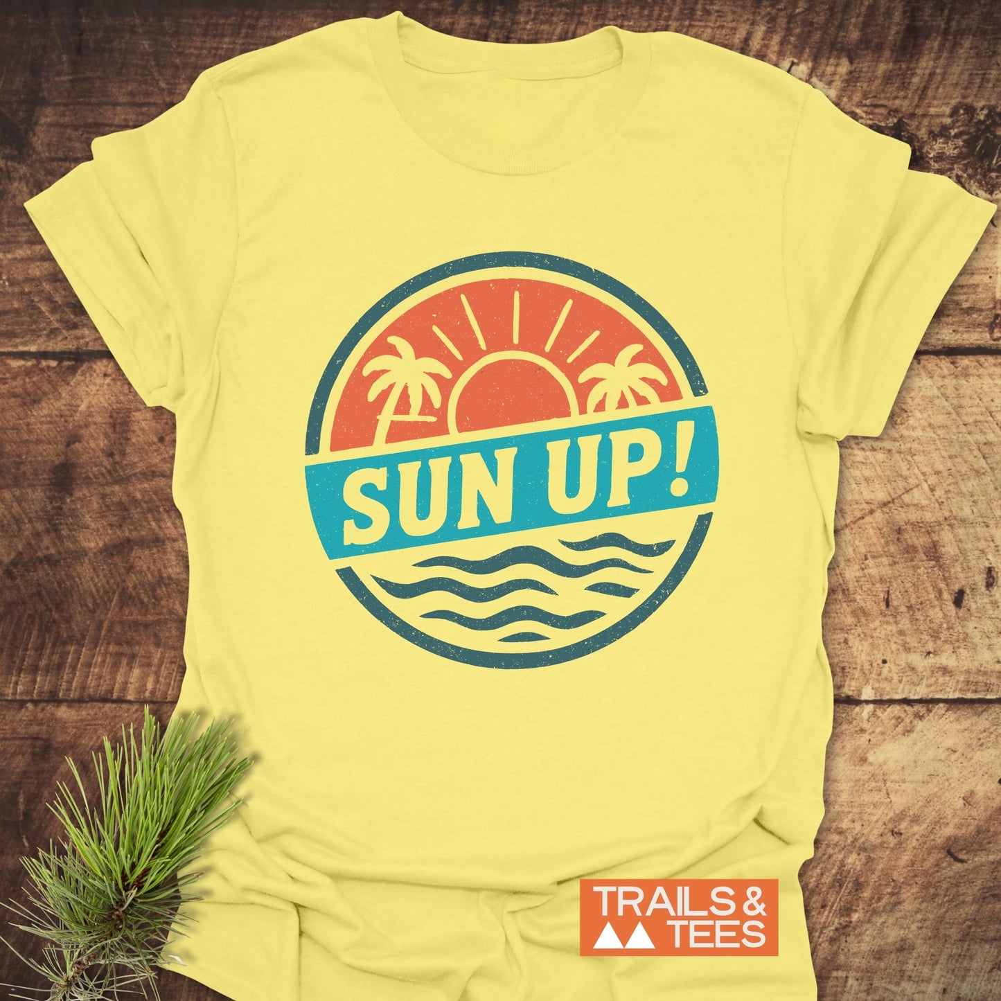 Sun Up! Vintage T-Shirt featuring a sun and palm tree design, crafted for comfort and durability with ring-spun cotton and reliable fit.