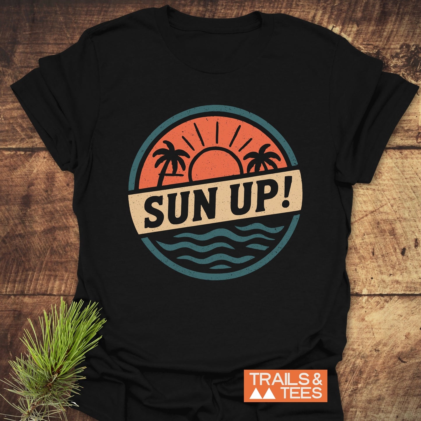 Sun Up! Vintage T-Shirt featuring a sun and palm trees design, crafted from soft cotton for comfort, ideal for outdoor adventures.