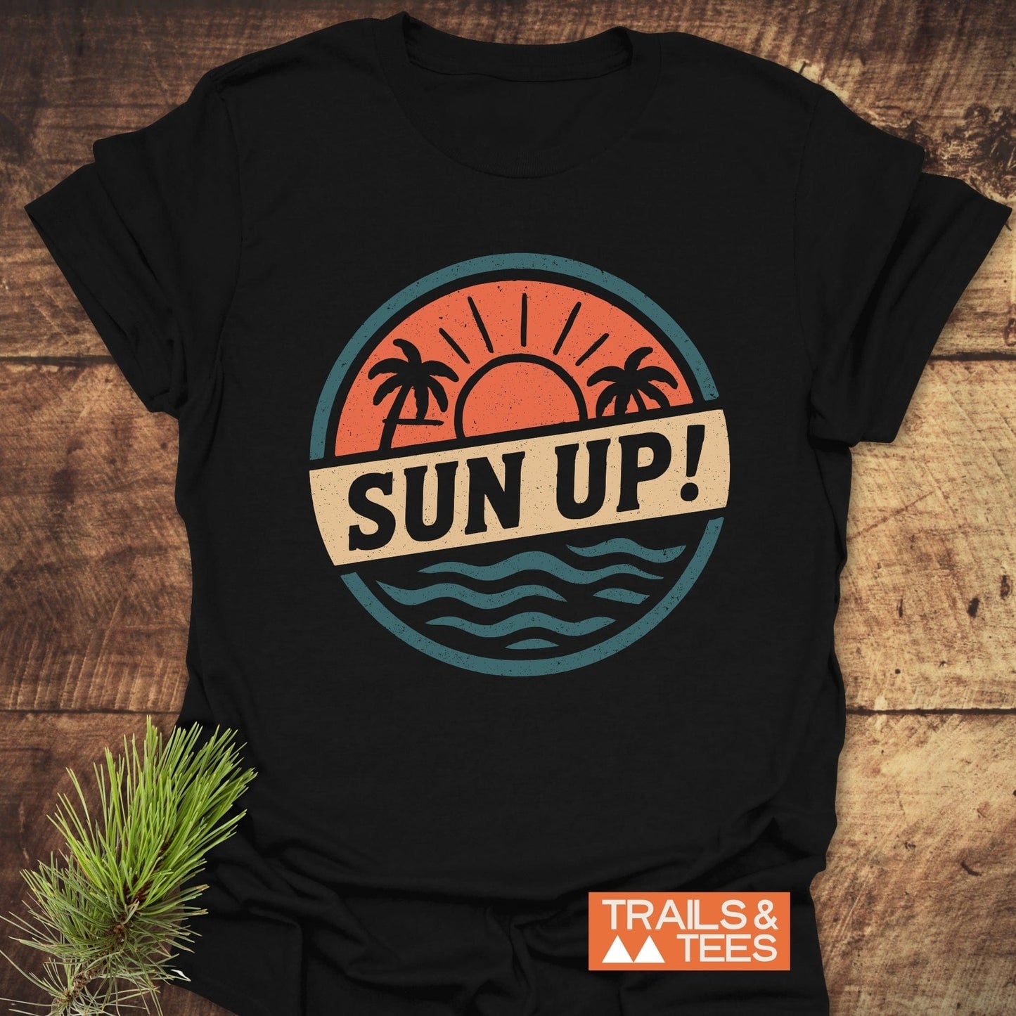 Sun Up! Vintage T-Shirt featuring a sun and palm trees design, crafted from soft cotton for comfort, ideal for outdoor adventures.