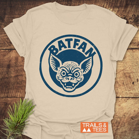 BATFAN Funny T-Shirt featuring a distinctive bat face design, crafted from soft ring-spun cotton for comfort, perfect for outdoor adventures and daily wear.