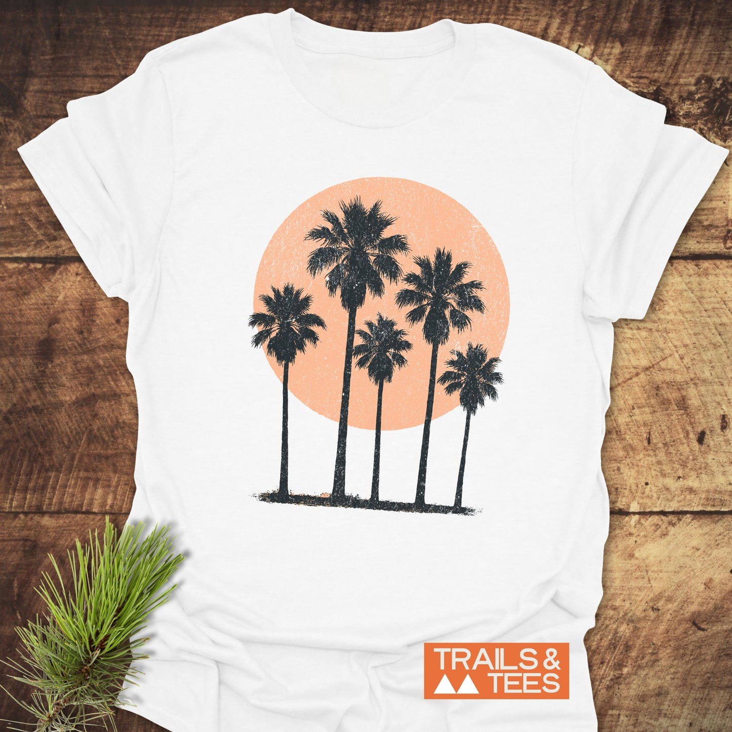 Palm Trees At Sunset T-Shirt featuring palm tree prints, made from soft ring-spun cotton, designed for outdoor enthusiasts with durable, fade-resistant prints.