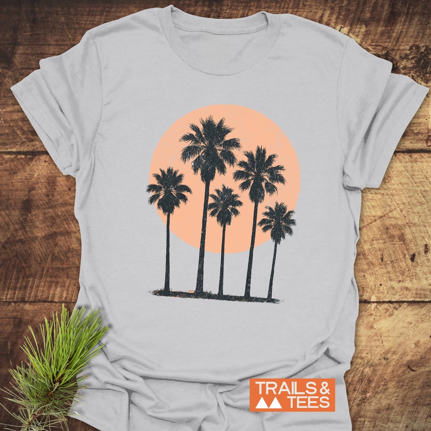 Palm Trees At Sunset T-Shirt featuring palm tree prints, crafted from soft ring-spun cotton, designed for comfort and durability, perfect for outdoor enthusiasts.