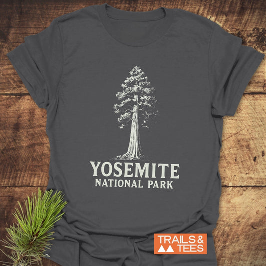 Yosemite NP Sequoia T-Shirt featuring a tree design, crafted from ring-spun cotton. Offers comfort with taped shoulders and durable prints for outdoor enthusiasts.