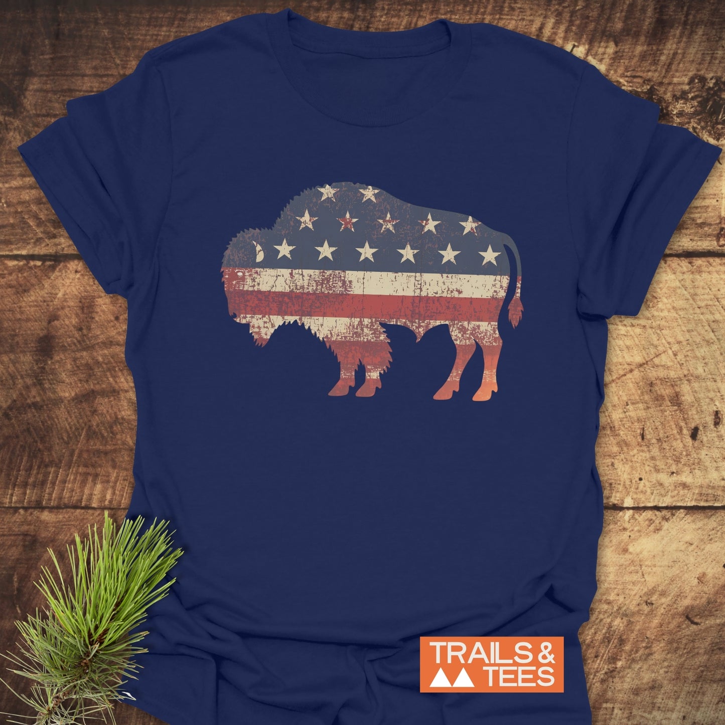 Land Of The Free Bison T-Shirt, close-up view showcasing durable DTF print on soft, lightweight cotton, ideal for outdoor adventures.