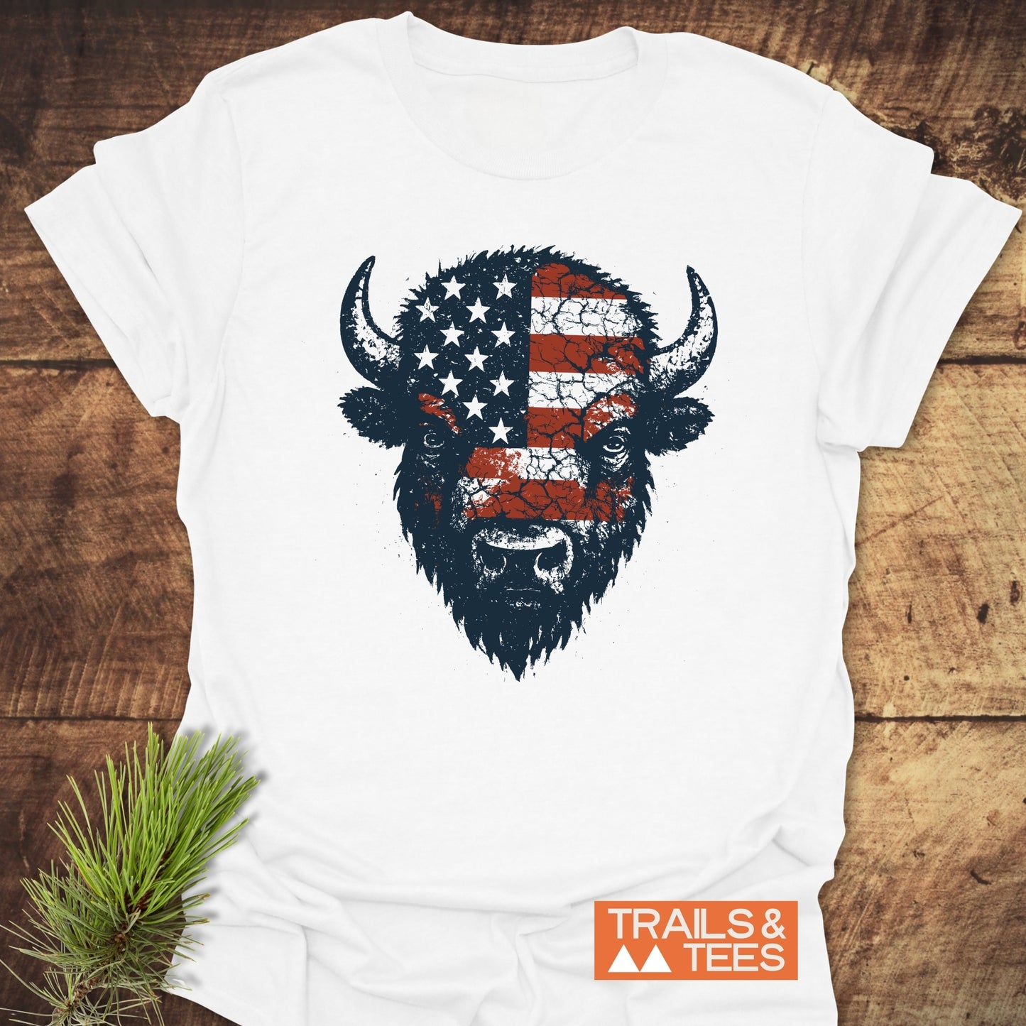 American Bison T-Shirt featuring a flag and logo, crafted from soft, lightweight cotton for comfort and durability, ideal for outdoor adventures.