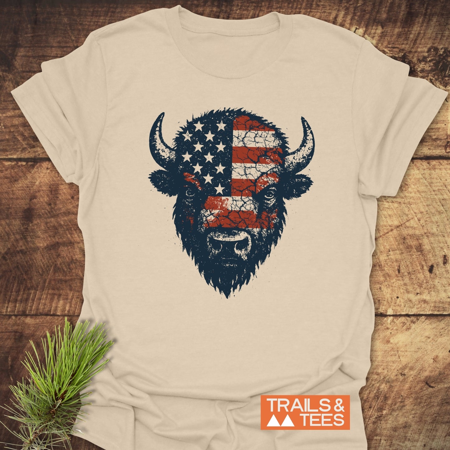 American Bison T-Shirt featuring a blue and red design on soft, lightweight cotton, ideal for outdoor adventures, showcasing durable prints and a pre-shrunk fit.