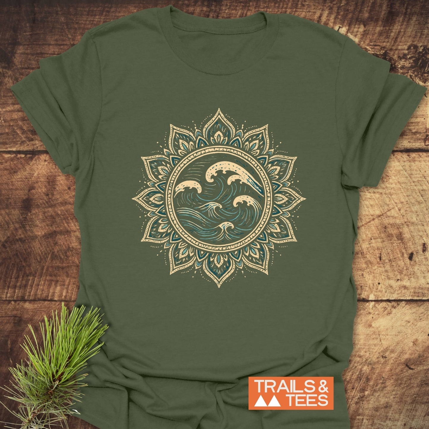 Ocean Mandala T-Shirt: Olive-green tee with mandala-style ocean wave graphic, crafted from soft cotton for comfort, featuring durable prints and designed for outdoor enthusiasts.