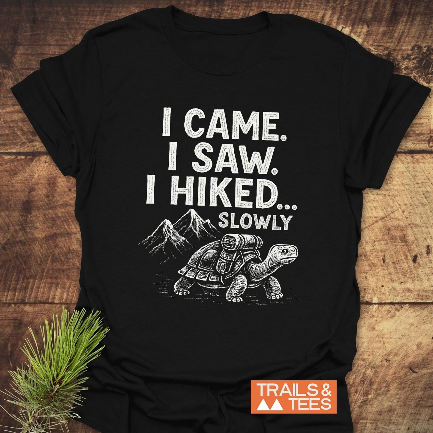 I Came, I Saw T-Shirt featuring a cartoon tortoise with hiking gear and mountain outline, on black fabric. Comfortable, durable, eco-friendly, printed on demand.