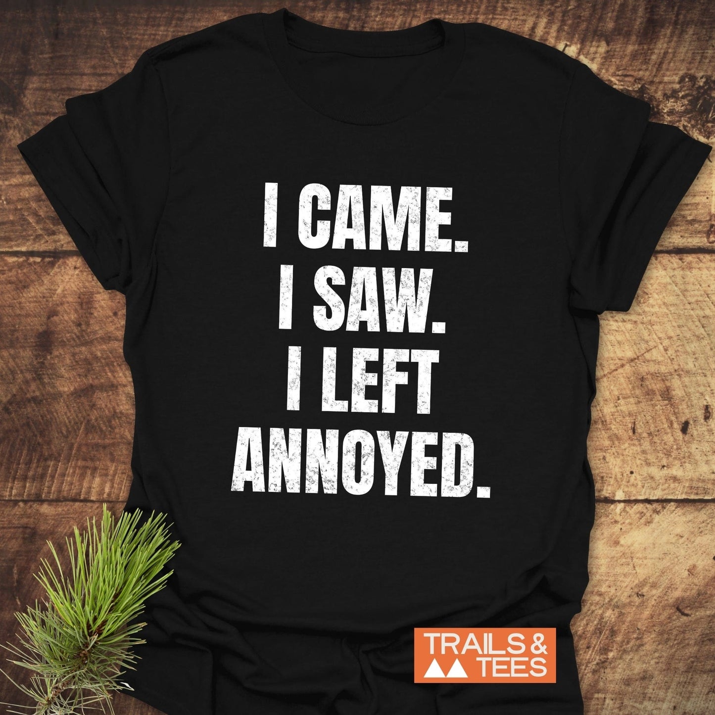I Came. I Saw. Annoyed. T-Shirt with bold white text on black, featuring TRAILS & TEES logo. Soft, durable, ring-spun cotton for outdoor enthusiasts.