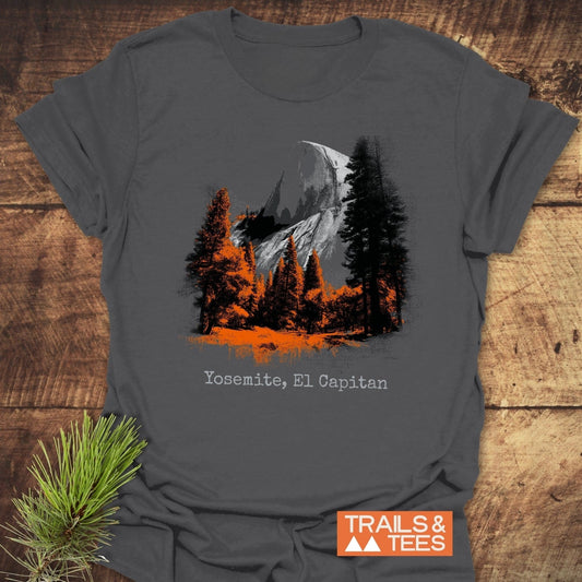 Yosemite El Capitan T-Shirt featuring a stylized graphic of El Capitan with pine trees, crafted from soft cotton for comfort and adventure-ready wear.
