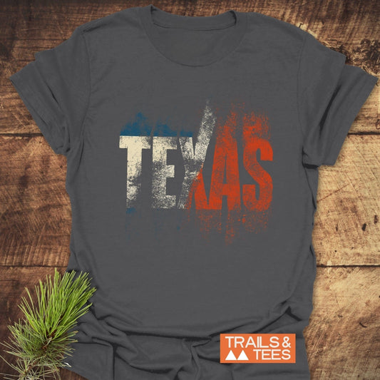 Charcoal-gray TEXAS T-Shirt featuring distressed lettering, crafted from soft cotton for comfort and durability, perfect for outdoor adventures.