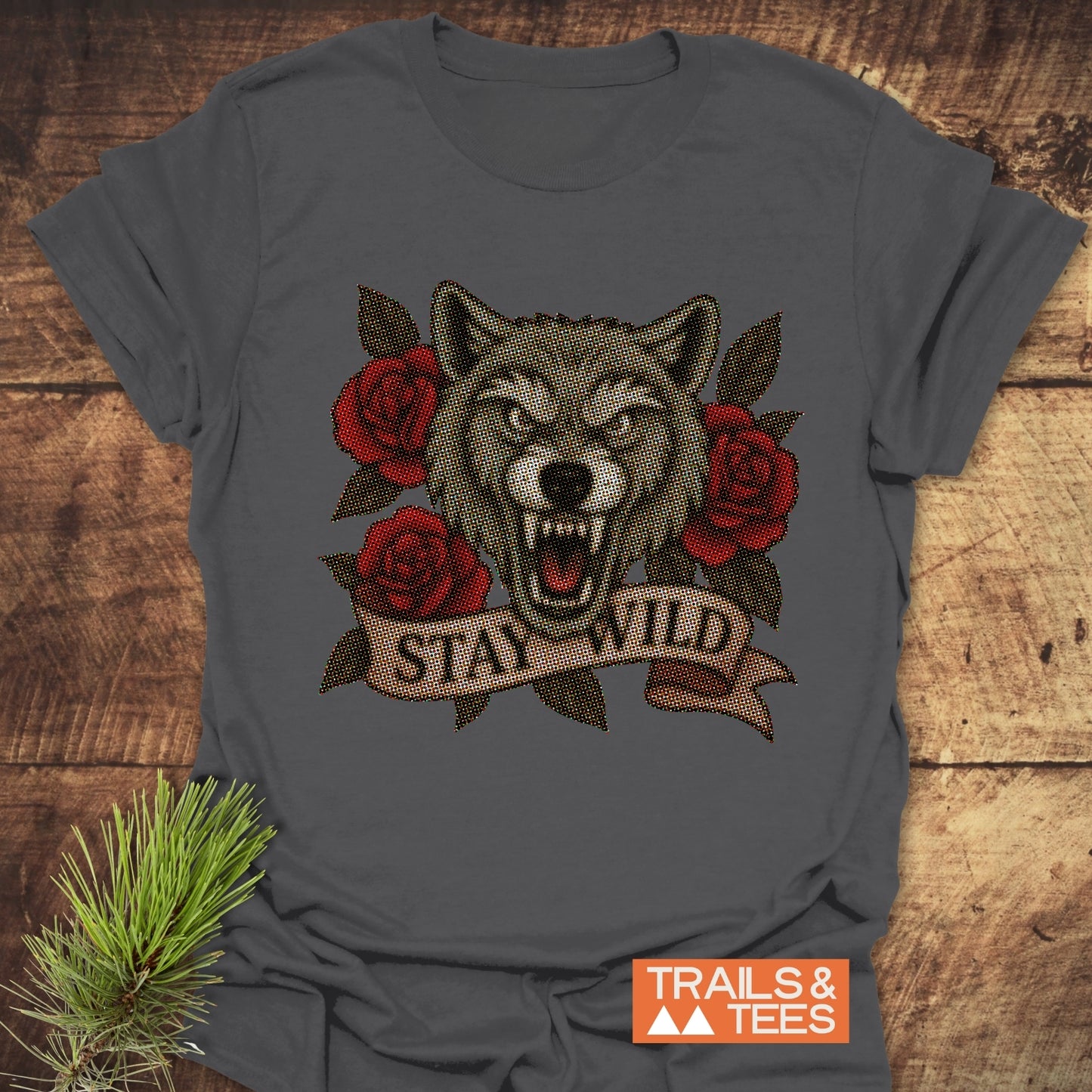 Stay Wild Wolf T-Shirt: Close-up of detailed wolf print on a soft, ring-spun cotton tee, designed for comfort and adventure. Pre-shrunk, durable, and eco-friendly.
