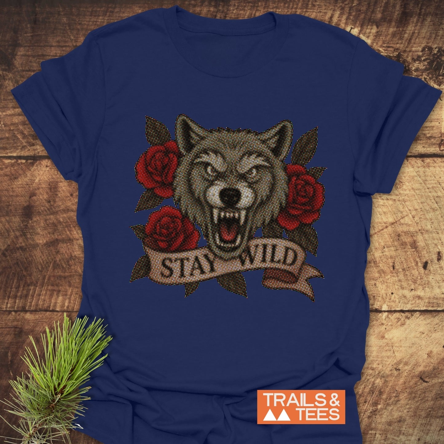 Stay Wild Wolf T-Shirt featuring a durable design, soft ring-spun cotton, and taped shoulders, perfect for outdoor adventures and everyday wear.