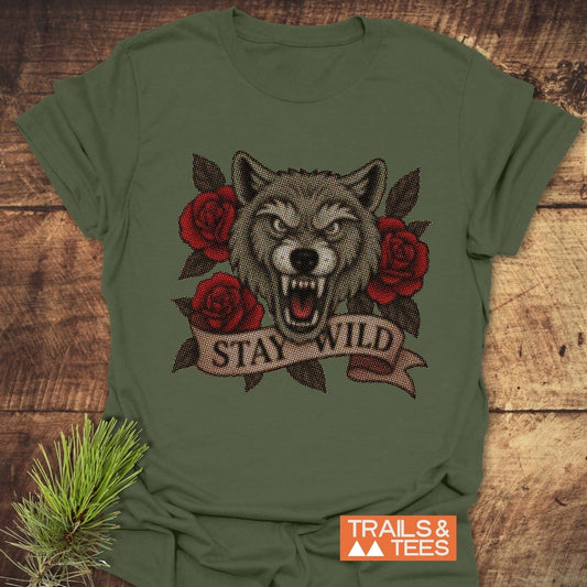 Stay Wild Wolf T-Shirt featuring a close-up of a red rose design, crafted from soft, lightweight cotton for comfort and adventure-ready durability.