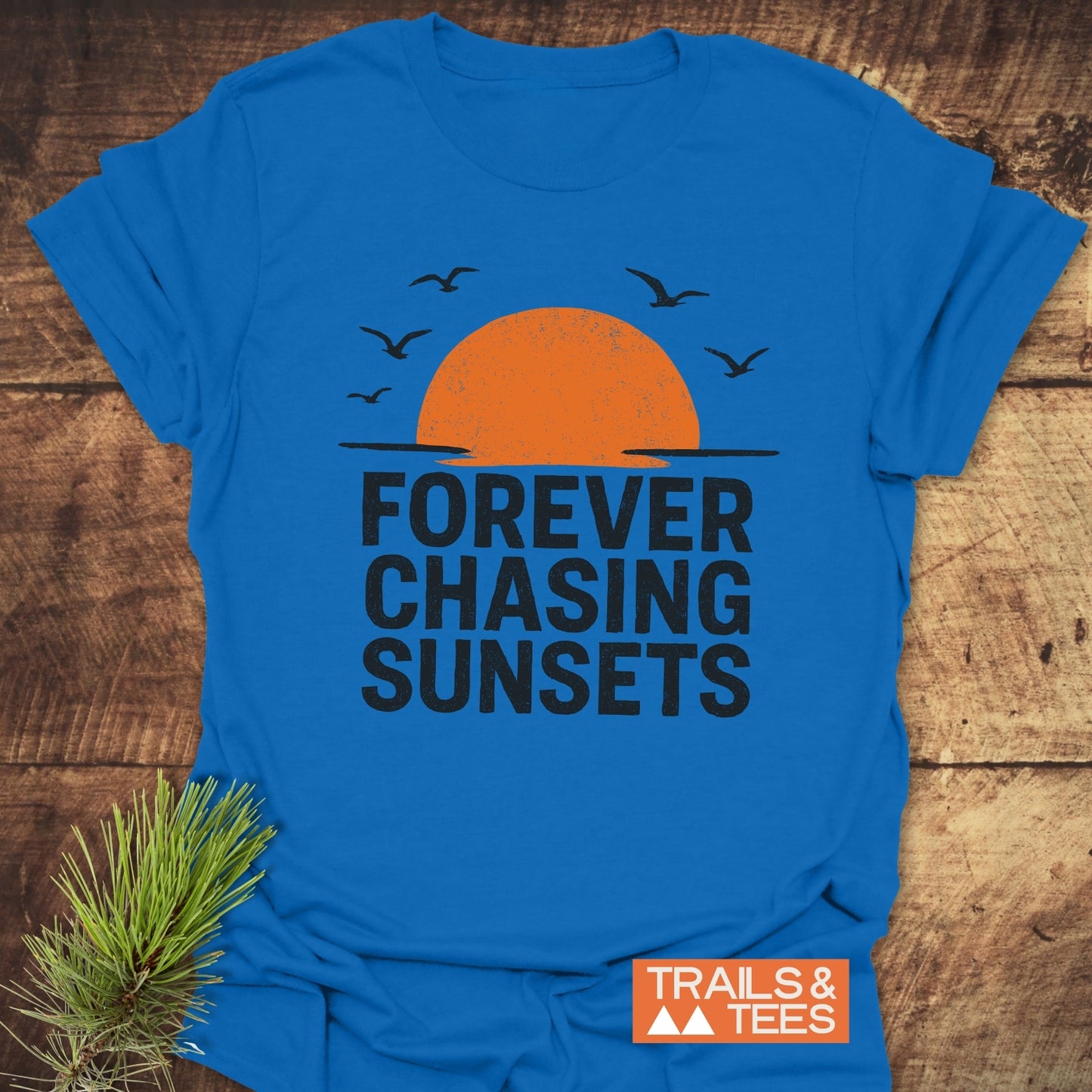 Forever Chasing Sunsets T-Shirt with a half-sun graphic and birds, emphasizing outdoor adventure. Features soft ring-spun cotton and durable print.