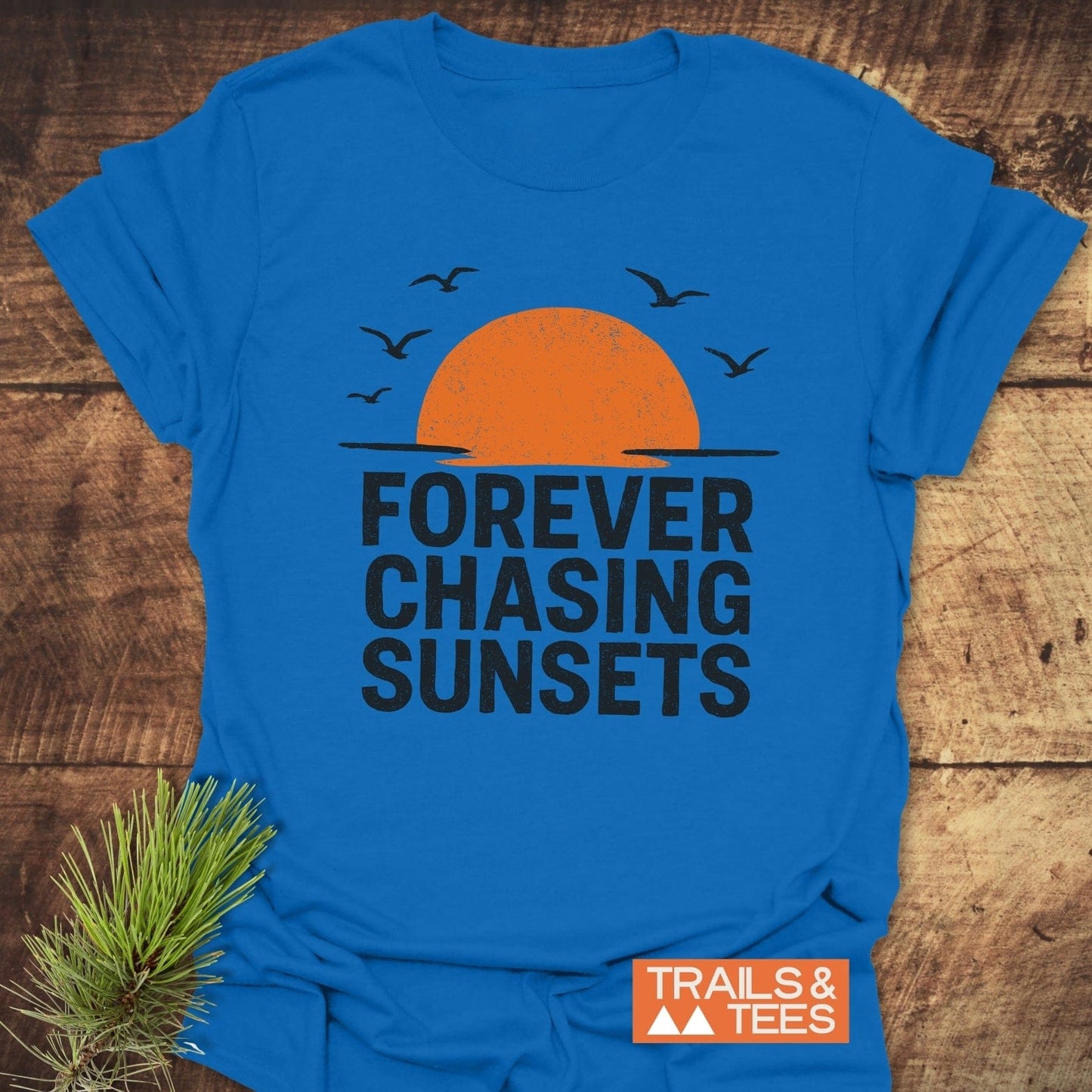 Forever Chasing Sunsets T-Shirt with a half-sun graphic and birds, emphasizing outdoor adventure. Features soft ring-spun cotton and durable print.