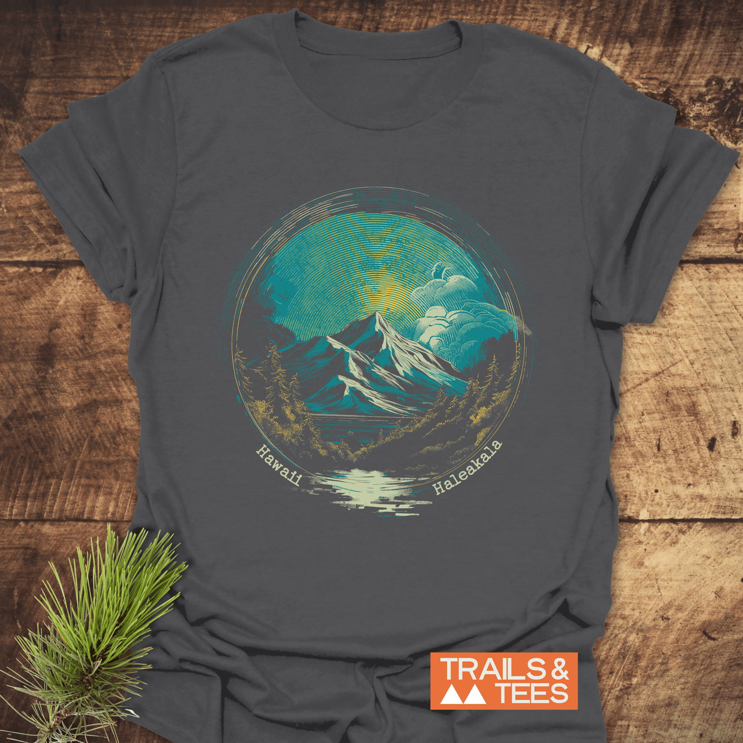 Hawaii Haleakala T-Shirt featuring a vintage mountain landscape illustration, perfect for outdoor enthusiasts, crafted from soft ring-spun cotton for comfort and durability.