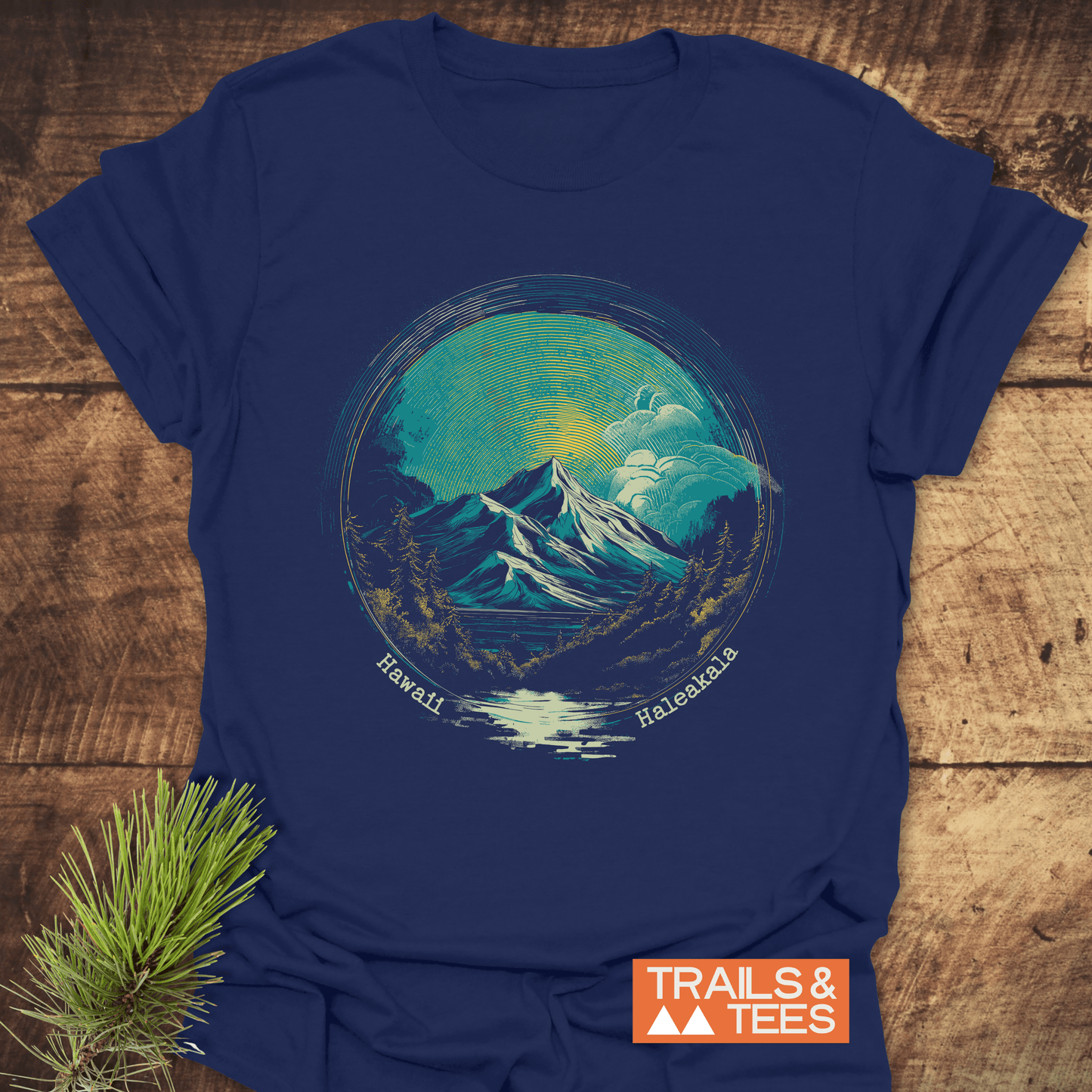 Navy-blue Hawaii Haleakala T-Shirt with mountain illustration, crafted from soft cotton for comfort and durability, featuring TRAILS & TEES branding.