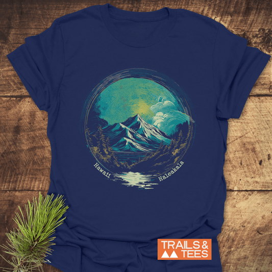 Navy-blue Hawaii Haleakala T-Shirt with mountain illustration, crafted from soft cotton for comfort and durability, featuring TRAILS & TEES branding.