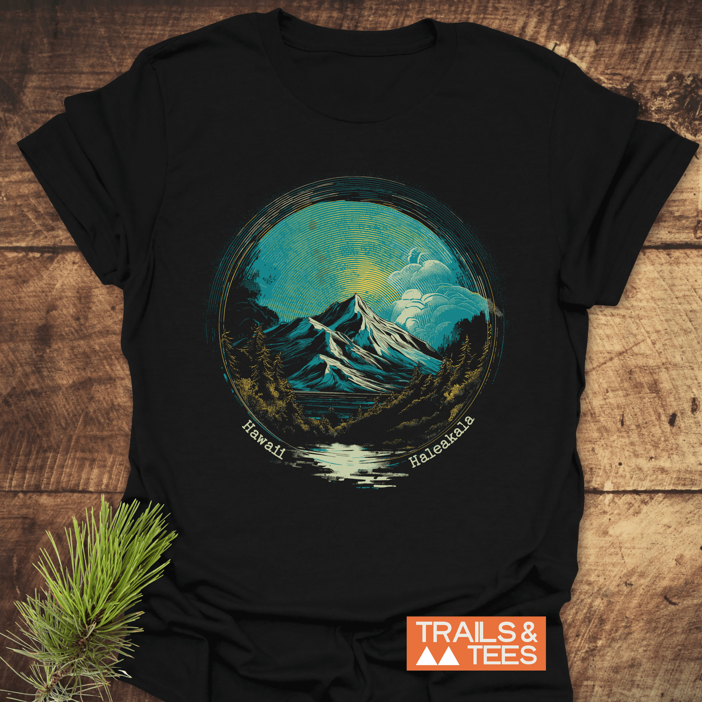 Hawaii Haleakalā T-Shirt featuring a vintage mountain scene illustration with snow peaks and pine trees, laid on wood with a pine branch accent.