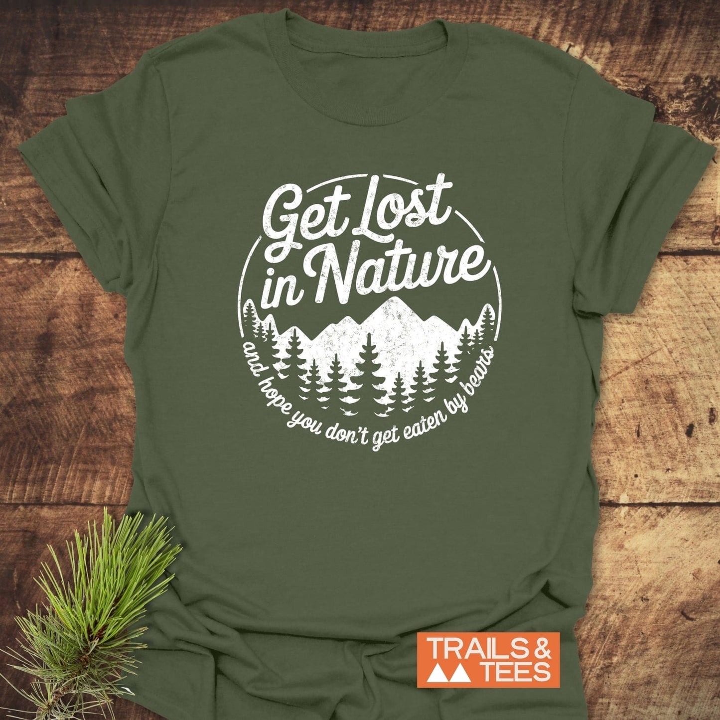 Get Lost In Nature Bear T-Shirt with mountain and forest graphic, crafted from soft cotton for comfort and adventure, featuring durable prints and reliable fit.