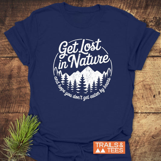 Get Lost In Nature Bear T-Shirt with mountain and tree graphic, crafted from soft cotton, features durable print and taped shoulders for lasting comfort.