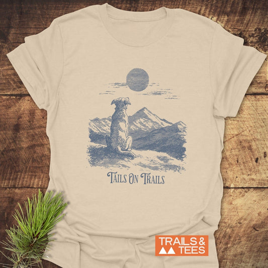 Tails On Trails T-Shirt featuring a dog illustration on a mountaintop, made from soft ring-spun cotton for comfort and durability, ideal for outdoor enthusiasts.