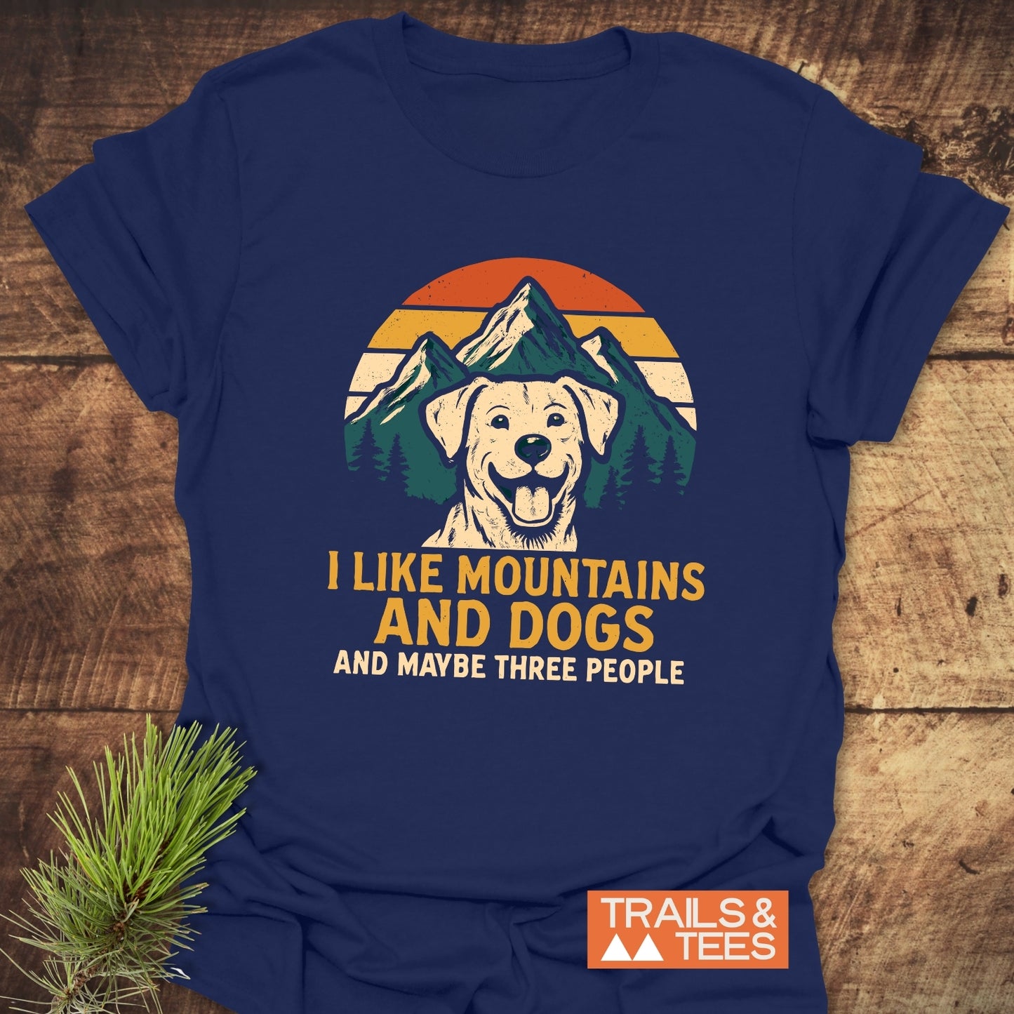 I Like Mountains & Dogs T-Shirt featuring a retro dog graphic with mountains, crafted from soft cotton, pre-shrunk for fit, and durable print.