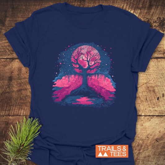 Tree Of Life T-Shirt features a vibrant moon and tree graphic on a soft, navy-blue fabric, highlighting outdoor adventure spirit with durable prints.
