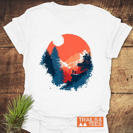 Sunset Hiking T-Shirt featuring a mountain scene graphic with hikers, crafted from soft cotton for comfort and durability, ideal for outdoor enthusiasts.