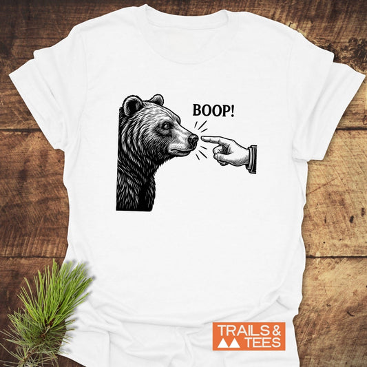 Boop! Vintage Bear Funny T-Shirt featuring a bear illustration with a playful boop design, crafted from soft cotton for comfortable, outdoor-inspired wear.
