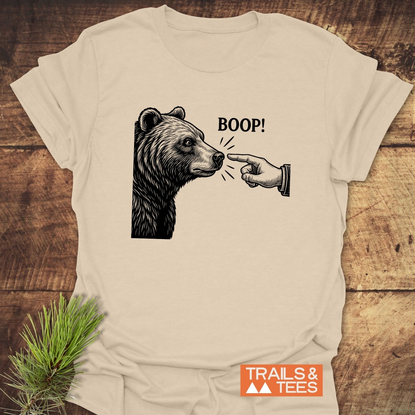 Boop! Vintage Bear Funny T-Shirt with a bear and finger illustration, highlighting outdoor fun. Made from soft, durable cotton for comfort and adventure.