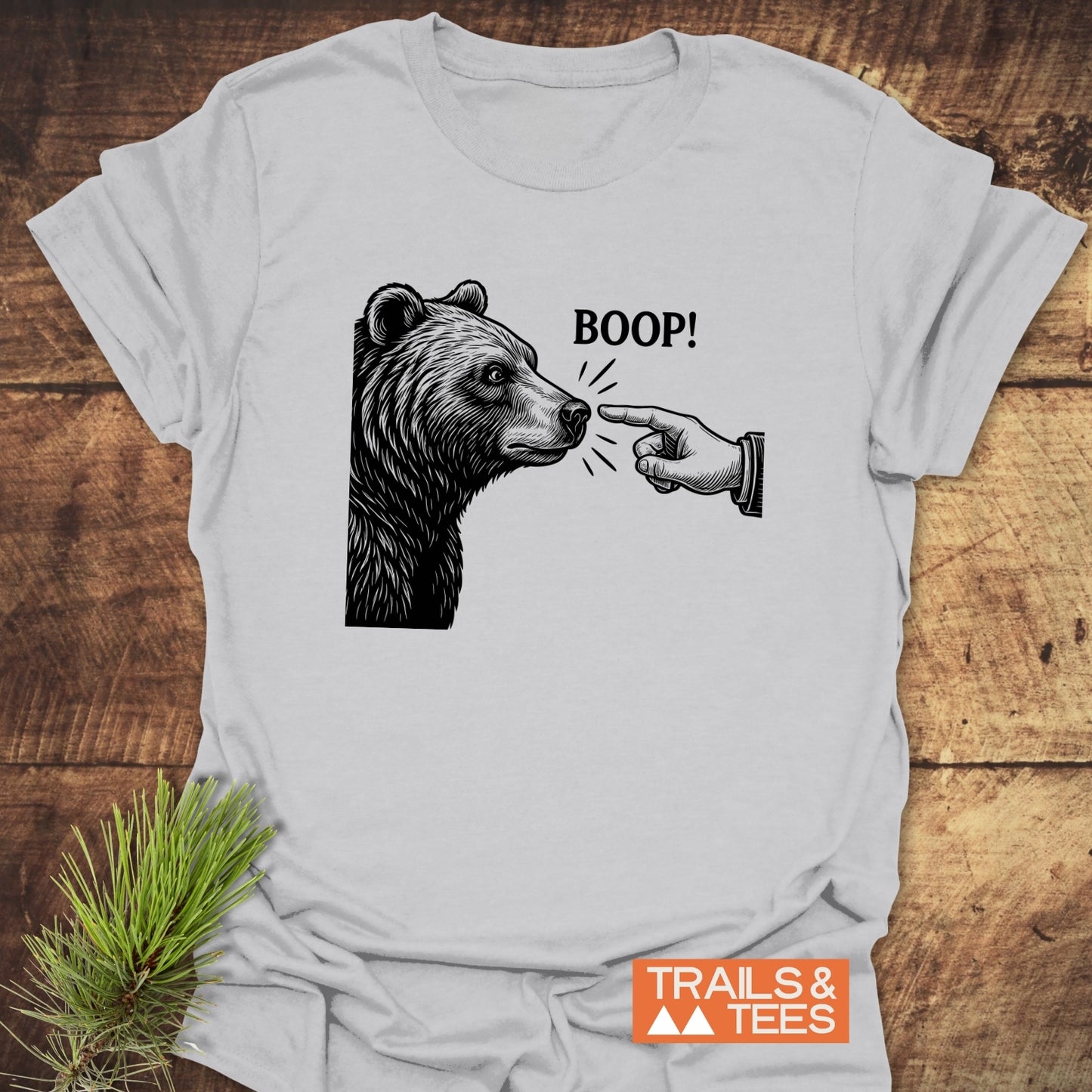 Boop! Vintage Bear Funny T-Shirt featuring a black bear illustration with BOOP! text, crafted from soft ring-spun cotton for comfort and durability.
