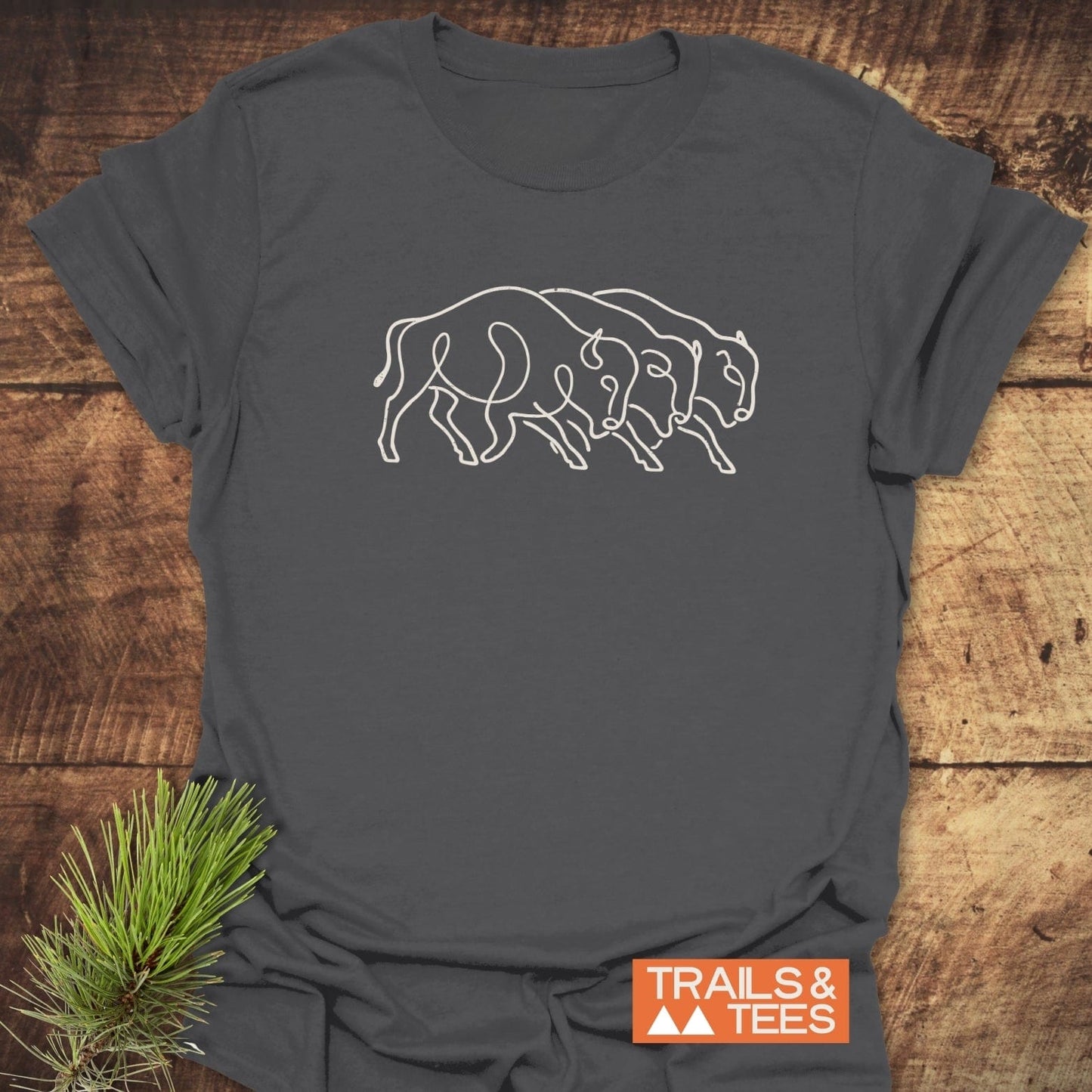 Minimalist Bison T-Shirt on wooden surface, featuring white bison line-drawing. Soft, lightweight, pre-shrunk cotton, DTF print. Includes TRAILS & TEES logo.